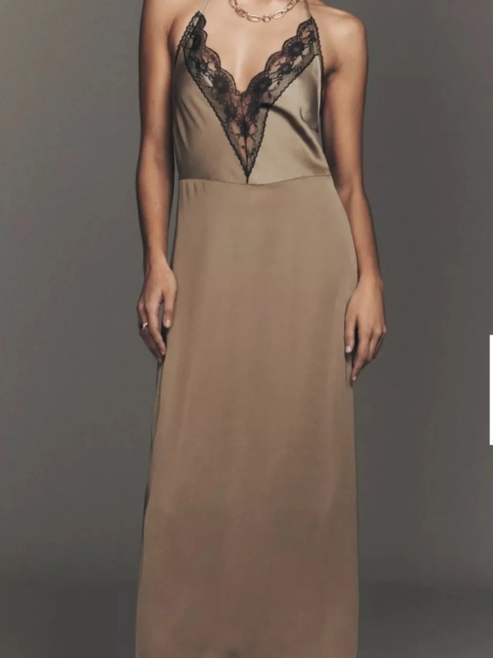 Anthropologie Taupe Slip Dress with Black Lace V-Neck